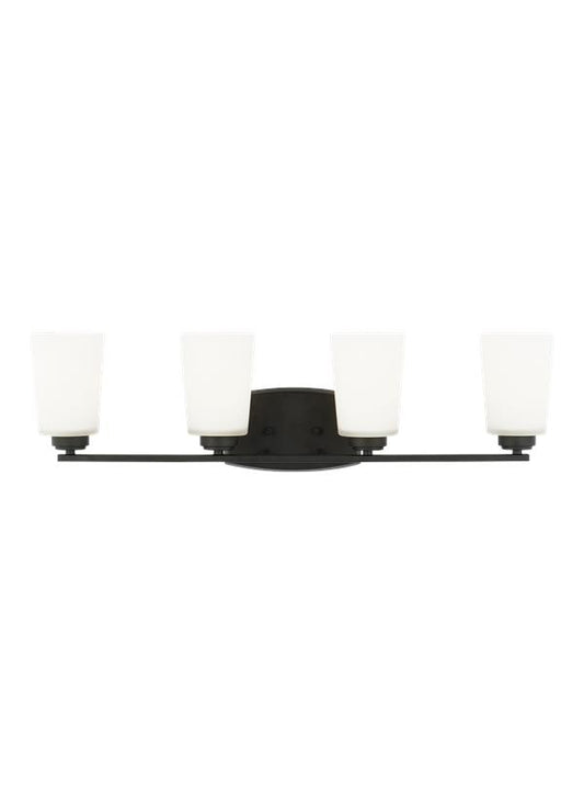 Generation Lighting Franport transitional 4-light indoor dimmable bath vanity wall sconce in midnight black finish with etched white glass shades 4428904-112