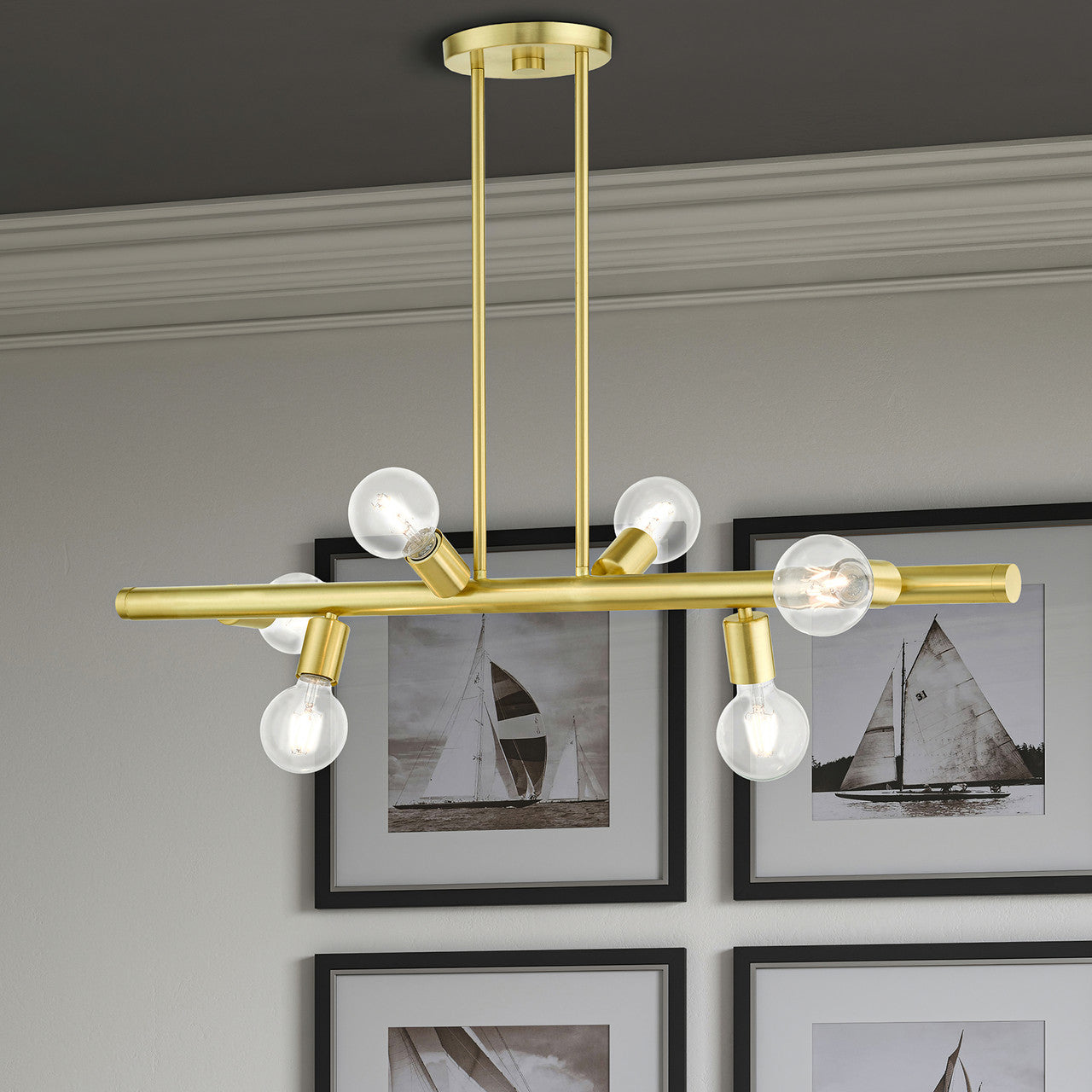 Livex Lighting Bannister Collection  6 Light Satin Brass Linear Chandelier in Satin Brass  45866-12