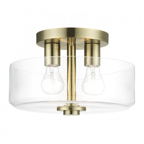 Livex Lighting Whitworth 2 Light Antique Brass Medium Semi-Flush with Mouth Blown Clear Glass 46122-01