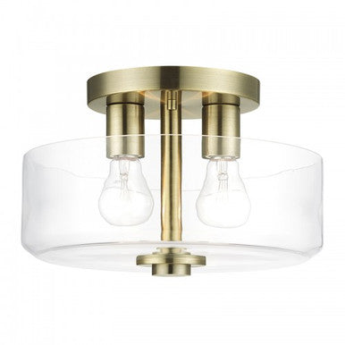 Livex Lighting Whitworth 2 Light Antique Brass Medium Semi-Flush with Mouth Blown Clear Glass 46122-01