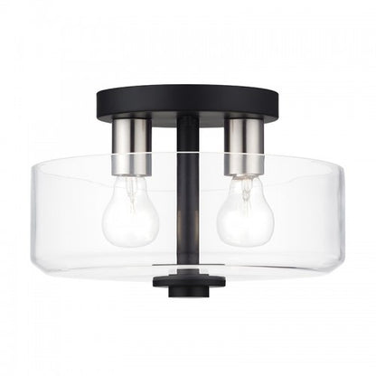 Livex Lighting Whitworth 2 Light Black Medium Semi-Flush with Mouth Blown Clear Glass and Brushed Nickel Accents 46122-04