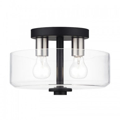 Livex Lighting Whitworth 2 Light Black Medium Semi-Flush with Mouth Blown Clear Glass and Brushed Nickel Accents 46122-04