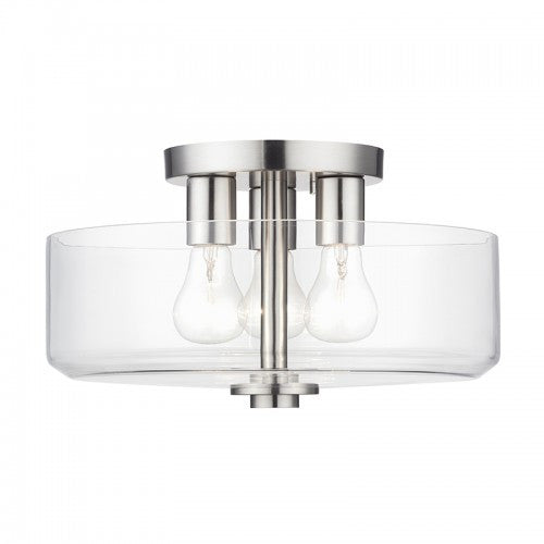 Livex Lighting Whitworth 3 Light Brushed Nickel Large Semi-Flush with Mouth Blown Clear Glass 46123-91