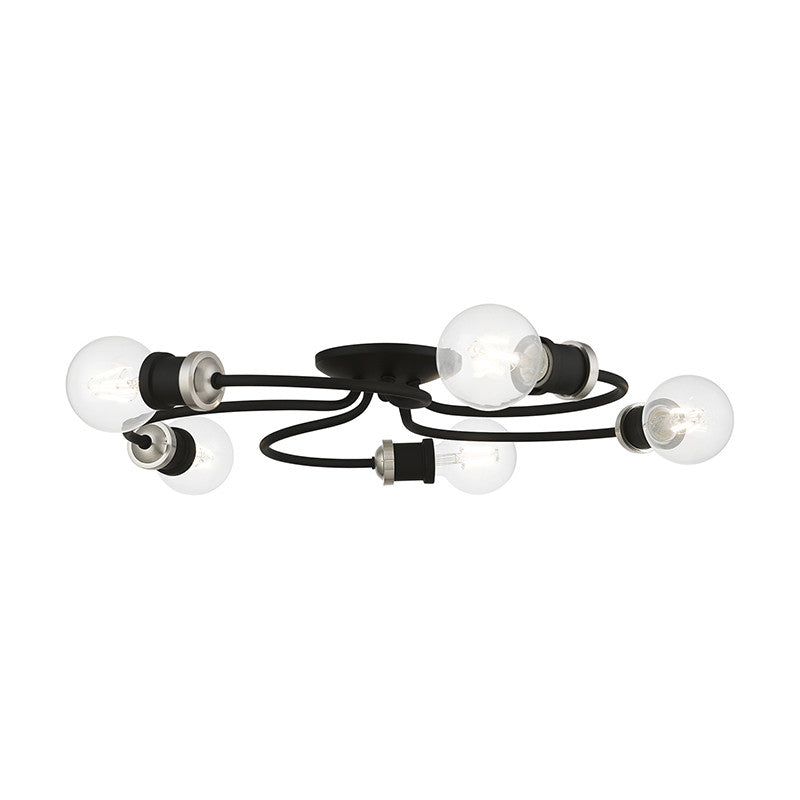 Livex Lighting Bromley Collection  5 Light Black with Brushed Nickel Accents Large Flush Mount in Black with Brushed Nickel Accents 46385-04