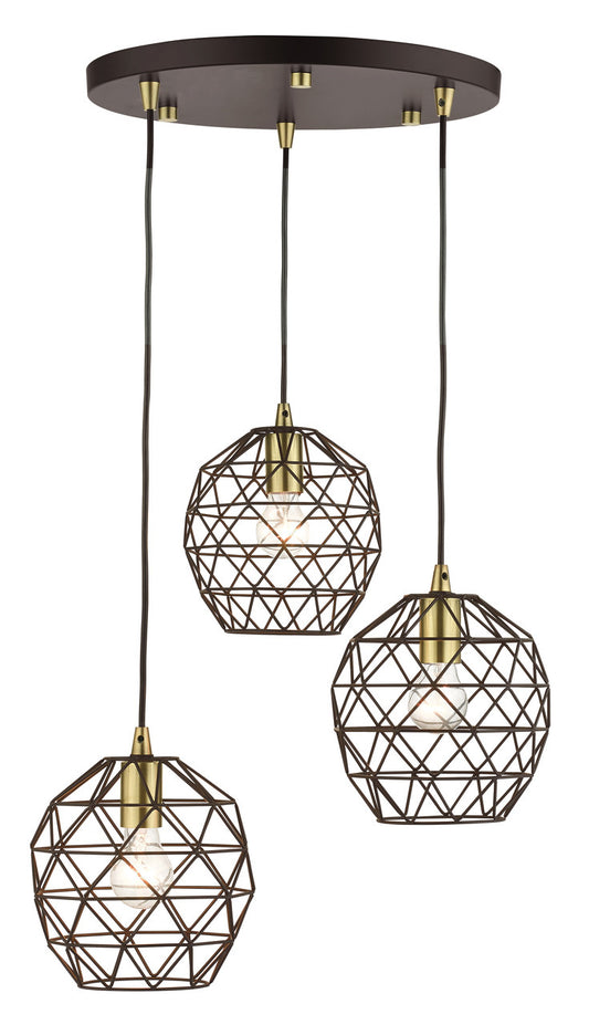 Livex Lighting Geometrix Collection  3 Light Bronze Pendant in Bronze with Antique Brass Accents 46593-07