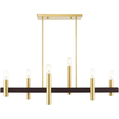 Livex Lighting Helsinki Collection 6 Lt Satin Brass & Bronze Linear Chandelier in Satin Brass with Bronze Accents 46866-12