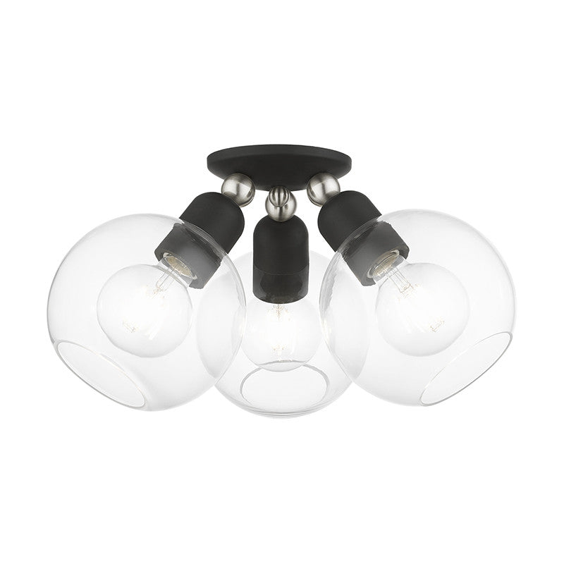 Livex Lighting Downtown Collection  3 Light Black with Brushed Nickel Accents Sphere Semi-Flush in Black with Brushed Nickel Accents 48978-04