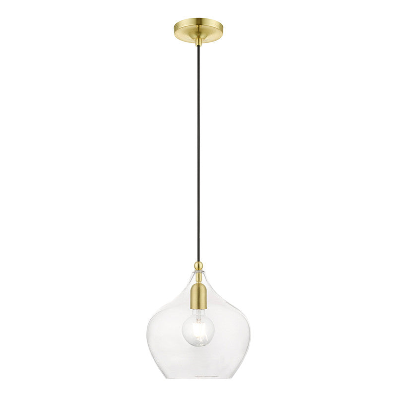 Livex Lighting Aldrich Collection  1 Light Satin Brass with Polished Brass Accent Pendant in Satin Brass with Polished Brass Accent 49093-12