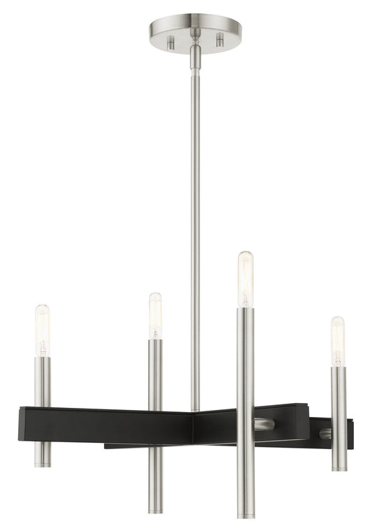 Livex Lighting Denmark Collection  4 Light Brushed Nickel Chandelier in Brushed Nickel with Black Accents 49344-91