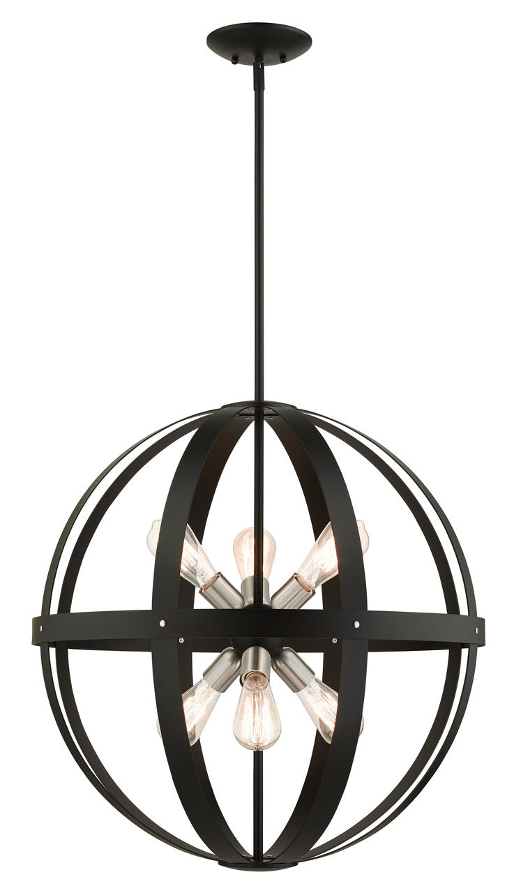 Livex Lighting Stoneridge Collection  6 Light Textured Black Pendant Chandelier in Textured Black with Brushed Nickel Accents 49646-14