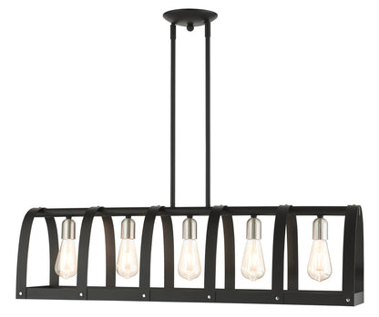 Livex Lighting Stoneridge Collection  5 Light Textured Black Linear Chandelier in Textured Black with Brushed Nickel Accents 49649-14