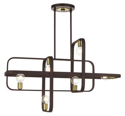 Livex Lighting Bergamo Collection  6 Light Bronze with Antique Brass Accents Linear Chandelier in Bronze with Antique Brass Accents 49748-07