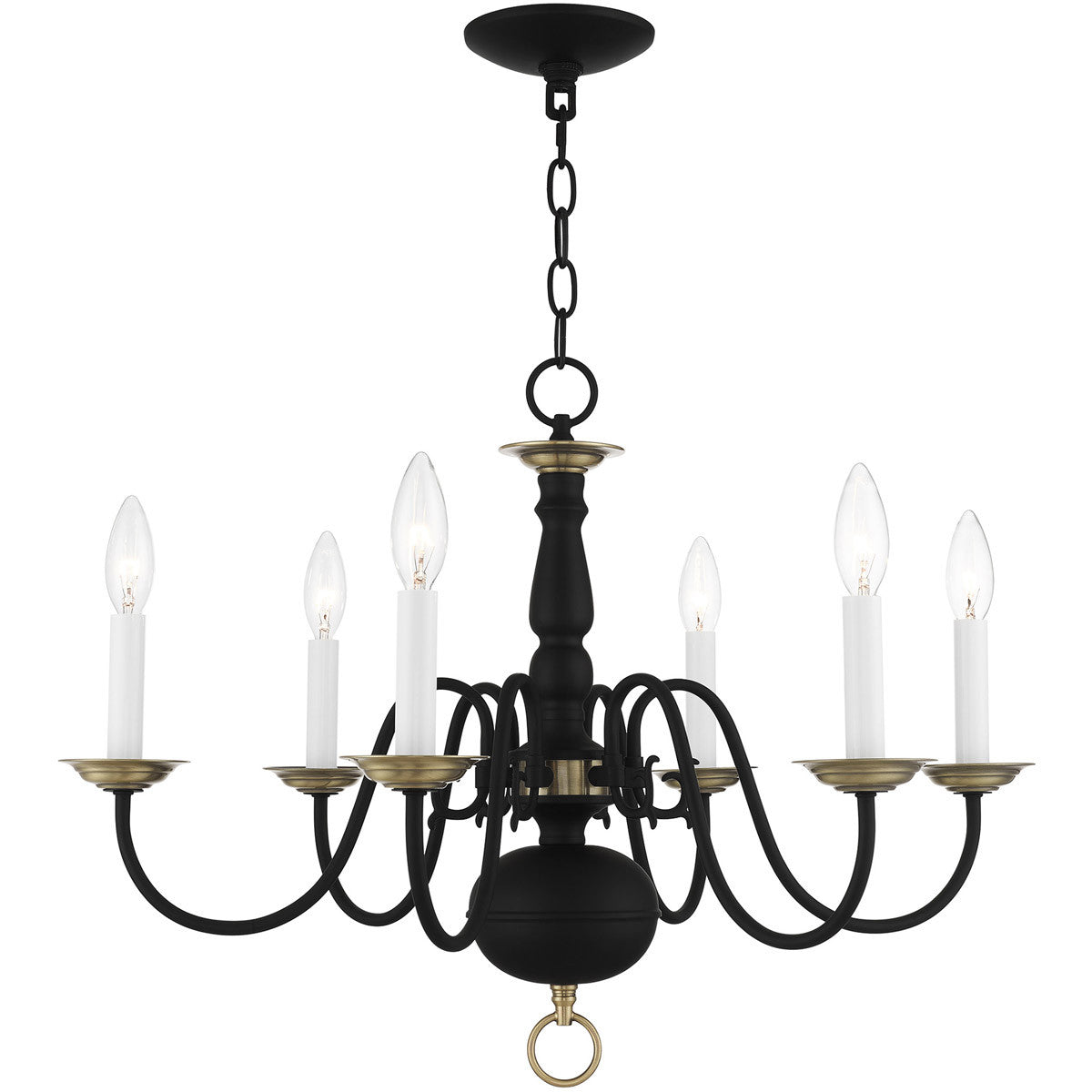 Livex Lighting Williamsburg Collection 6 Lt Black Chandelier in Black with Antique Brass Accents 5006-04