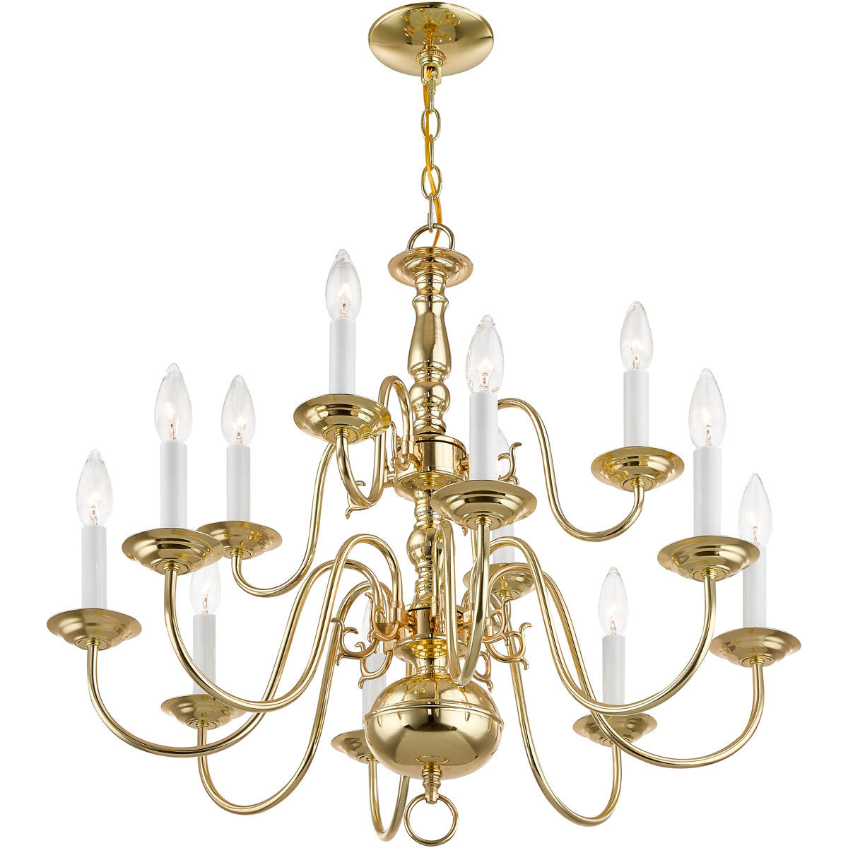 Livex Lighting Williamsburgh Collection 12 Light Polished Brass Chandelier in Polished Brass 5012-02