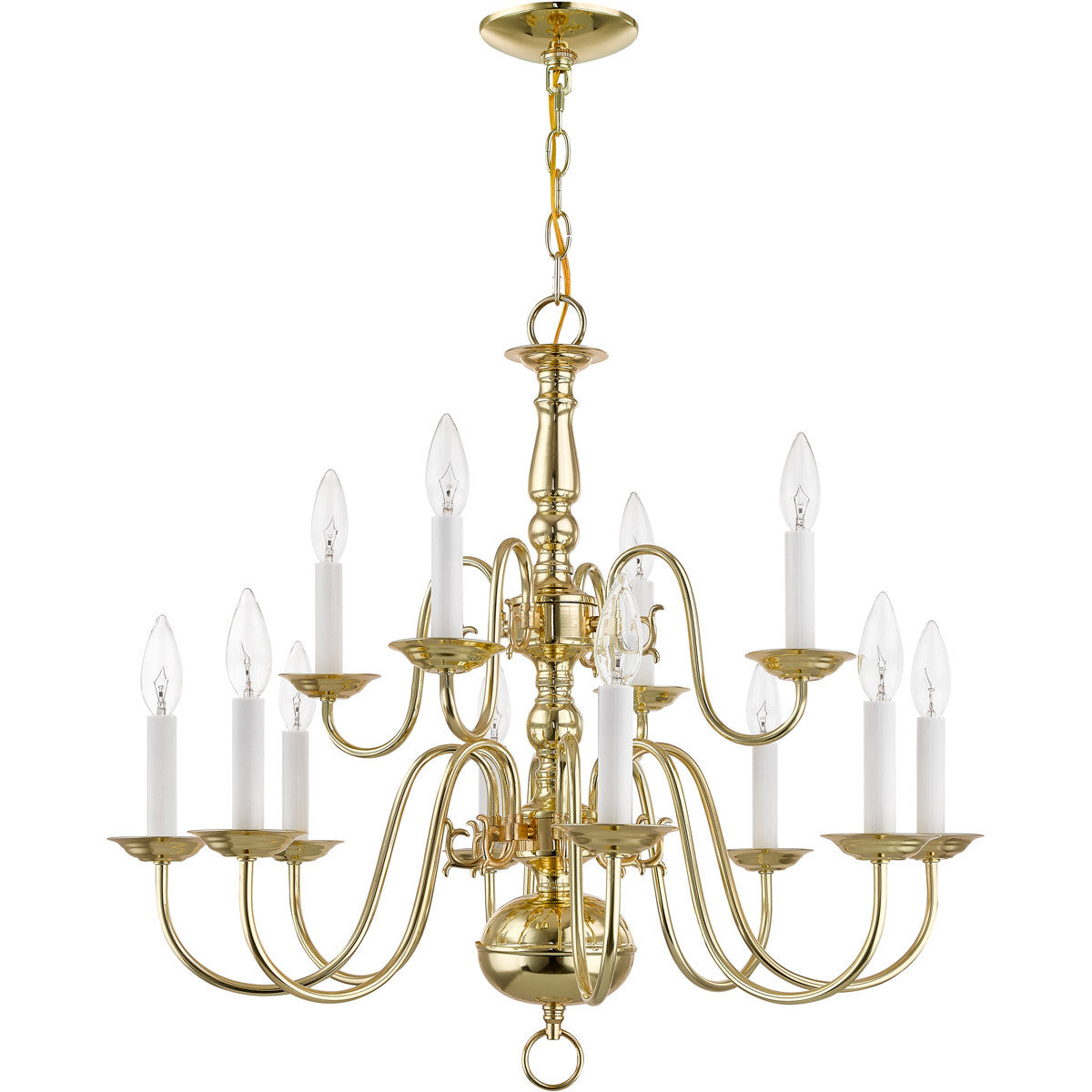 Livex Lighting Williamsburgh Collection 12 Light Polished Brass Chandelier in Polished Brass 5012-02