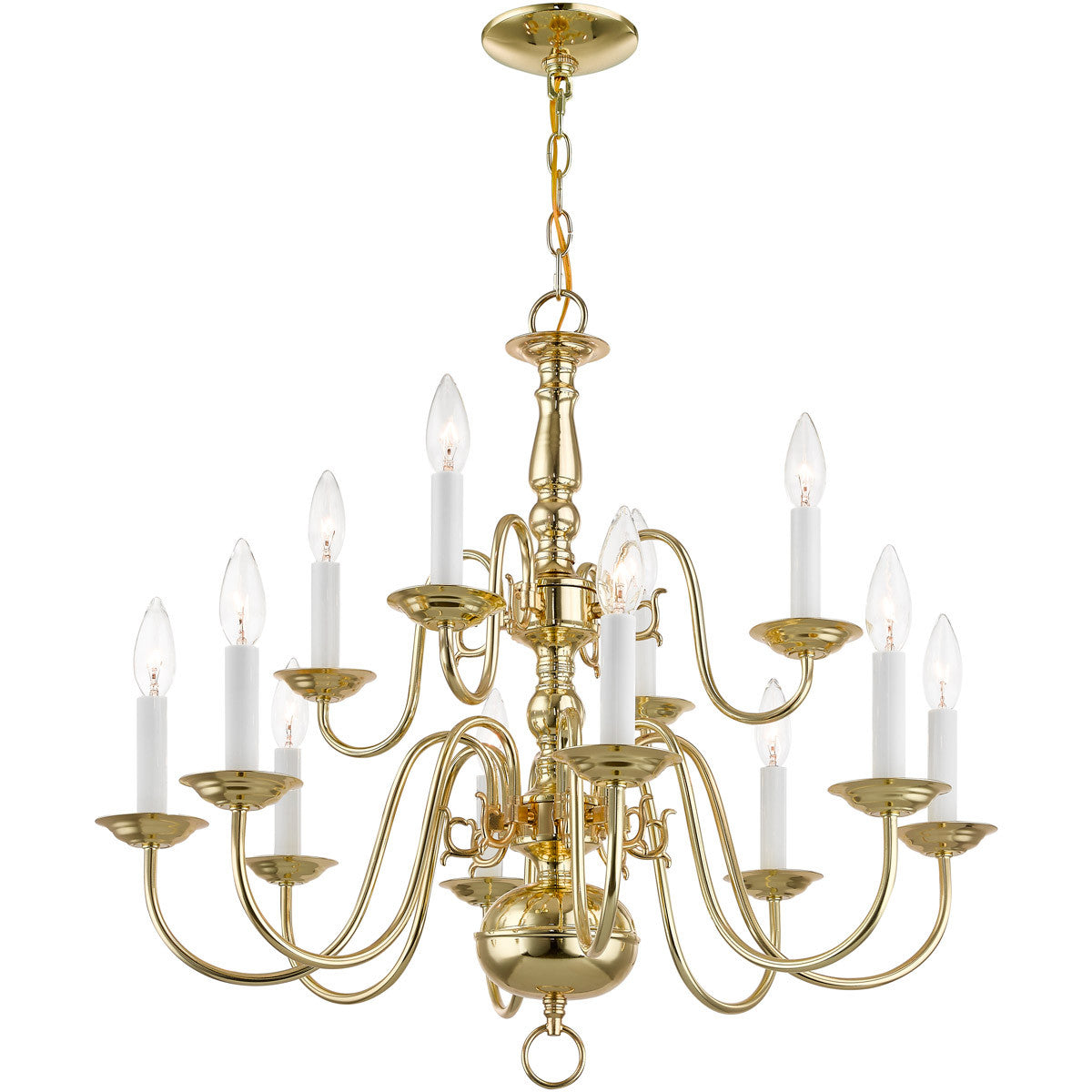 Livex Lighting Williamsburgh Collection 12 Light Polished Brass Chandelier in Polished Brass 5012-02