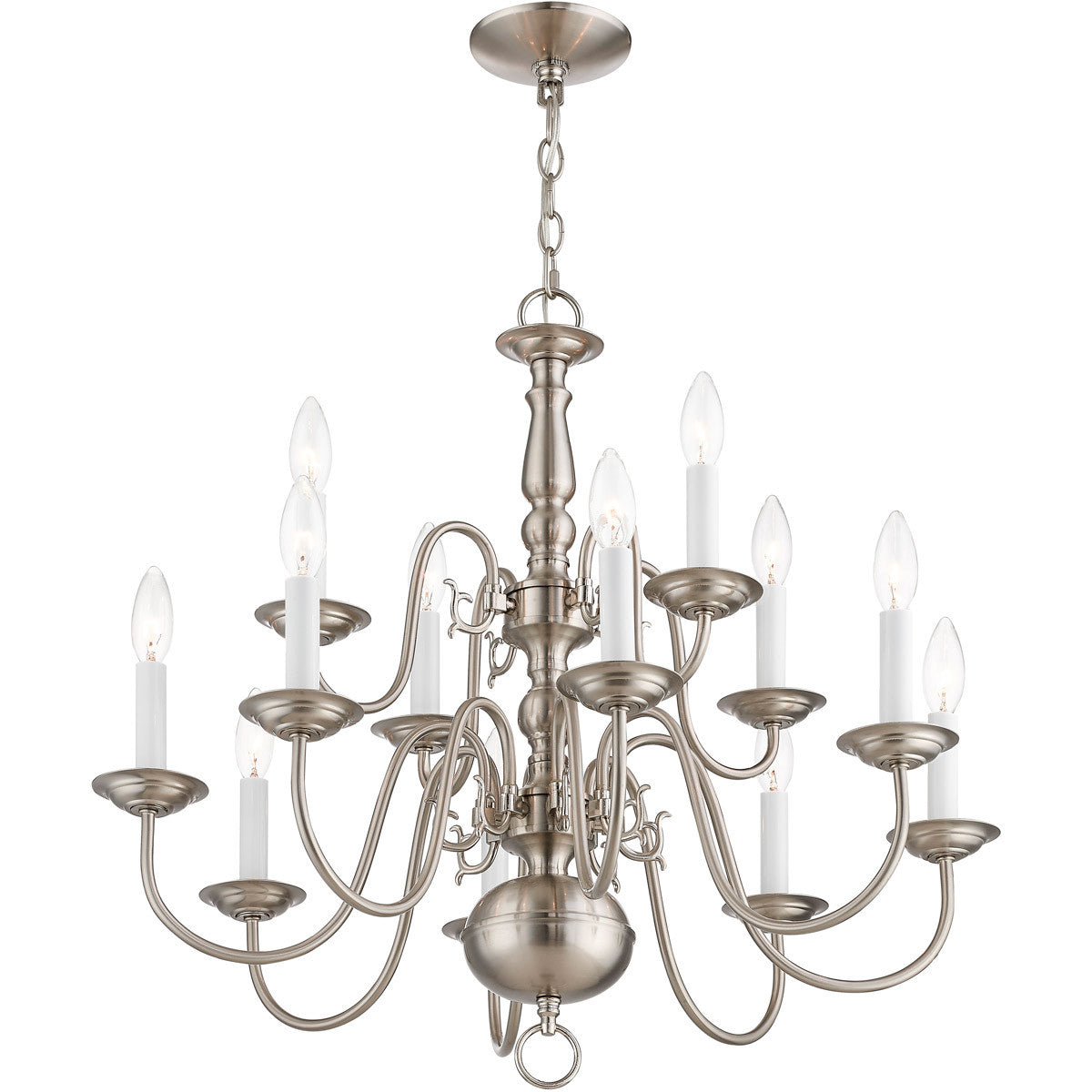 Livex Lighting Williamsburgh Collection 12 Light Brushed Nickel Chandelier in Brushed Nickel 5012-91