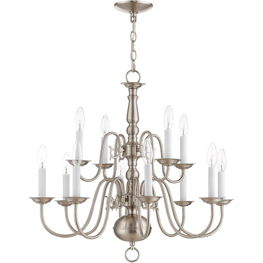 Livex Lighting Williamsburgh Collection 12 Light Brushed Nickel Chandelier in Brushed Nickel 5012-91