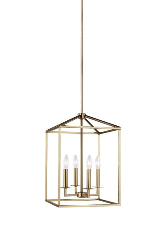 Generation Lighting Perryton transitional 4-light indoor dimmable small ceiling pendant hanging chandelier light in satin brass gold finish 5215004-848