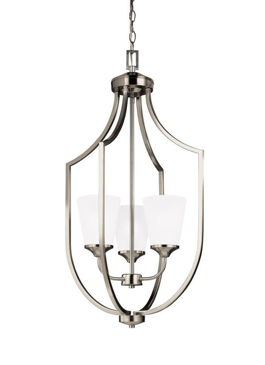 Generation Lighting Hanford traditional 3-light indoor dimmable ceiling pendant hanging chandelier pendant light in brushed nickel silver finish with satin etched glass shades 5224503-962