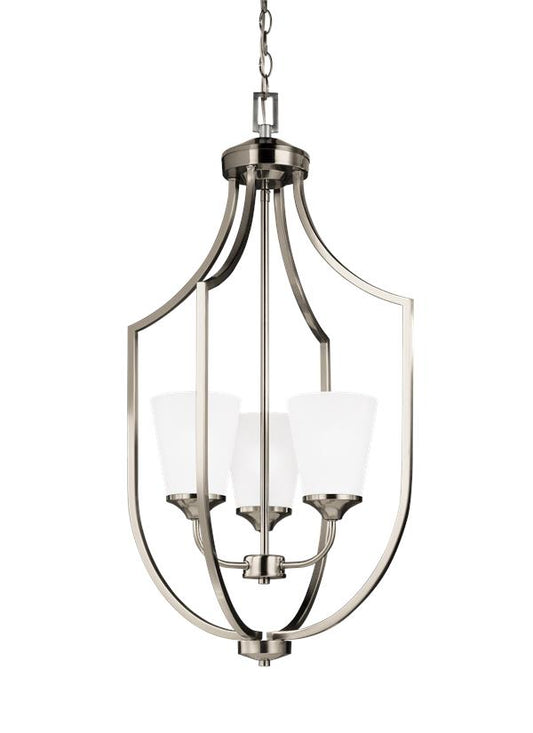 Generation Lighting Hanford traditional 3-light LED indoor dimmable ceiling pendant hanging chandelier pendant light in brushed nickel silver finish with satin etched glass shades 5224503EN3-962