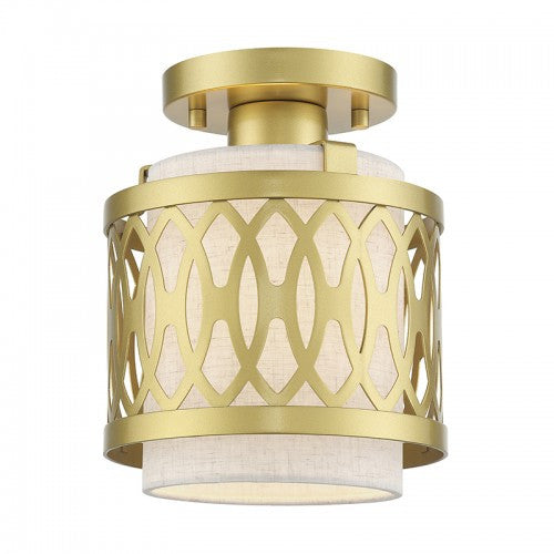 Livex Lighting Vistaview 1 Light Soft Gold Semi-Flush with Hand Crafted Oatmeal Color Fabric Hardback Shade 53431-33