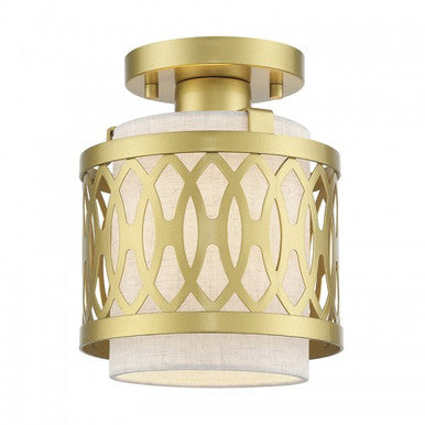 Livex Lighting Vistaview 1 Light Soft Gold Semi-Flush with Hand Crafted Oatmeal Color Fabric Hardback Shade 53431-33