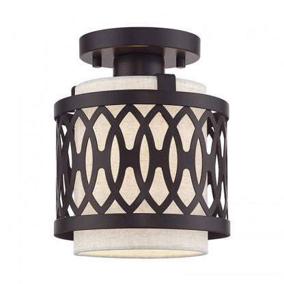 Livex Lighting Vistaview 1 Light English Bronze Semi-Flush with Hand Crafted Oatmeal Color Fabric Hardback Shade 53431-92