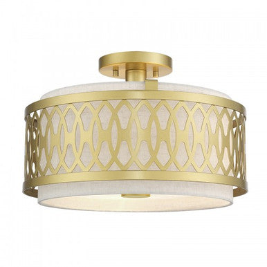 Livex Lighting Vistaview 3 Light Soft Gold Large Semi-Flush with Hand Crafted Oatmeal Color Fabric Hardback Shade 53432-33