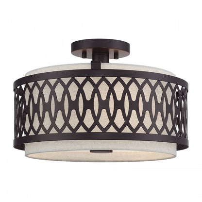 Livex Lighting Vistaview 3 Light English Bronze Large Semi-Flush with Hand Crafted Oatmeal Color Fabric Hardback Shade 53432-92