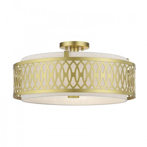 Livex Lighting Vistaview 4 Light Soft Gold Extra Large Semi-Flush with Hand Crafted Oatmeal Color Fabric Hardback Shade 53433-33