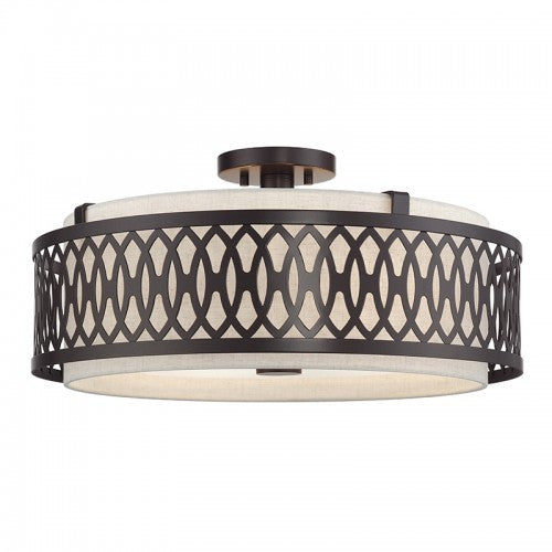 Livex Lighting Vistaview 4 Light English Bronze Extra Large Semi-Flush with Hand Crafted Oatmeal Color Fabric Hardback Shade 53433-92