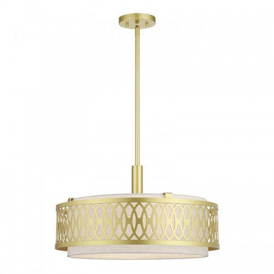 Livex Lighting Vistaview 4 Light Soft Gold Pendant Chandelier with Hand Crafted Oatmeal Color Fabric Hardback Shade 53434-33