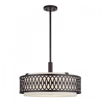 Livex Lighting Vistaview 4 Light English Bronze Pendant Chandelier with Hand Crafted Oatmeal Color Fabric Hardback Shade 53434-92