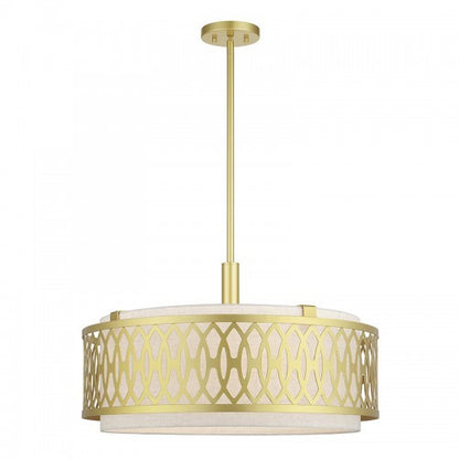 Livex Lighting Vistaview 5 Light Soft Gold Pendant Chandelier with Hand Crafted Oatmeal Color Fabric Hardback Shade 53435-33