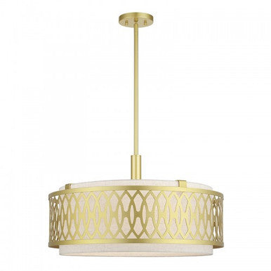 Livex Lighting Vistaview 5 Light Soft Gold Pendant Chandelier with Hand Crafted Oatmeal Color Fabric Hardback Shade 53435-33