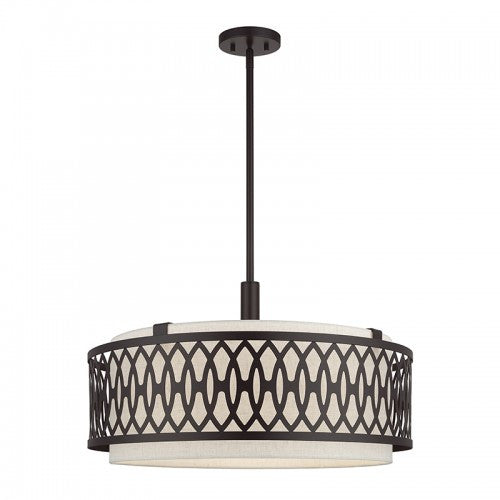 Livex Lighting Vistaview 5 Light English Bronze Pendant Chandelier with Hand Crafted Oatmeal Color Fabric Hardback Shade 53435-92