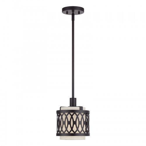 Livex Lighting Vistaview 1 Light English Bronze Mini Pendant with Hand Crafted Oatmeal Color Fabric Hardback Shade 53439-92