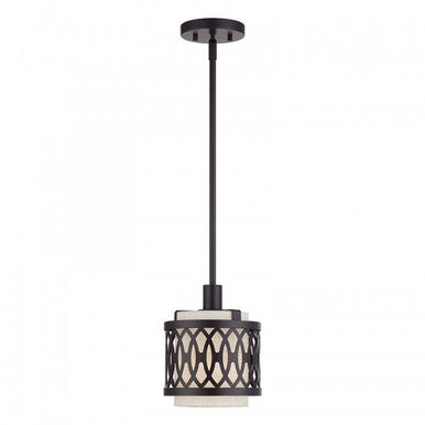 Livex Lighting Vistaview 1 Light English Bronze Mini Pendant with Hand Crafted Oatmeal Color Fabric Hardback Shade 53439-92