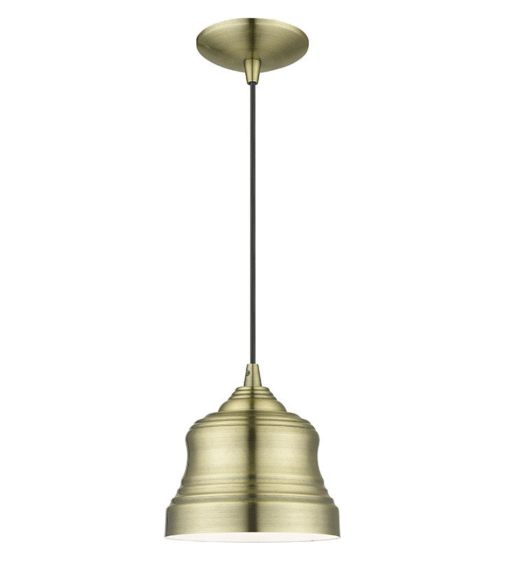 Livex Lighting Endicott Collection 1 Light Antique Brass Mini Bell Pendant with Shiny White Finish Inside 55901-01