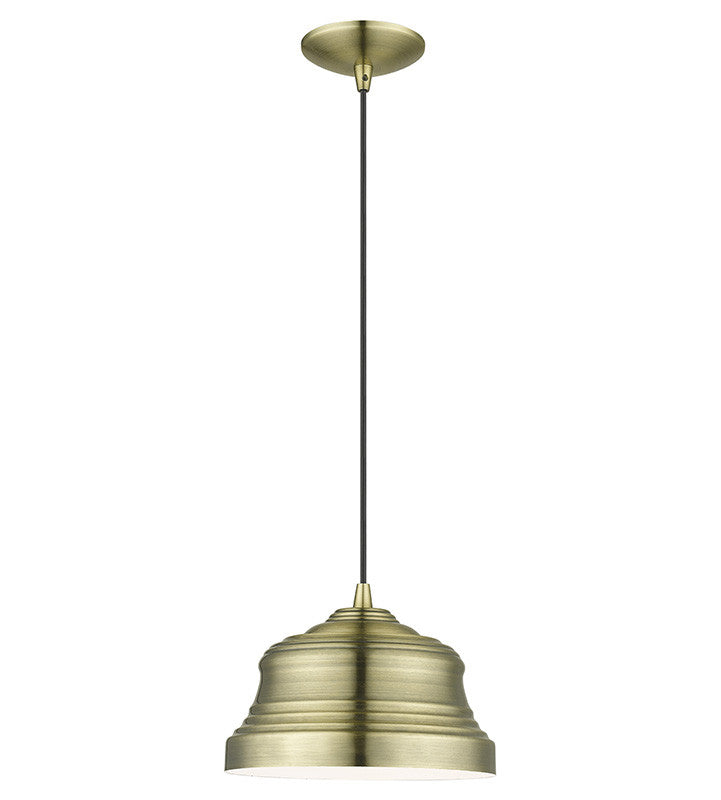 Livex Lighting Endicott Collection 1 Light Antique Brass Bell Pendant with Shiny White Finish Inside 55902-01