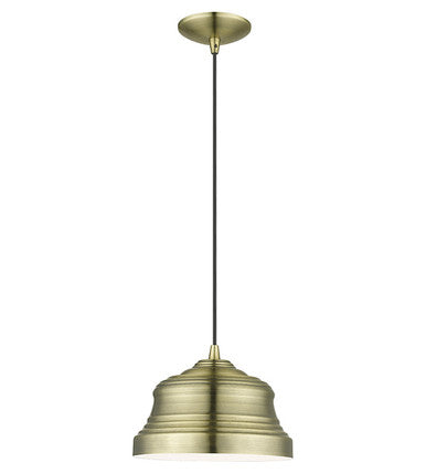 Livex Lighting Endicott Collection 1 Light Antique Brass Bell Pendant with Shiny White Finish Inside 55902-01