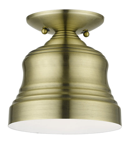 Livex Lighting Endicott Collection 1 Light Antique Brass Bell Petite Bell Semi-Flush with Shiny White Finish Inside 55909-01