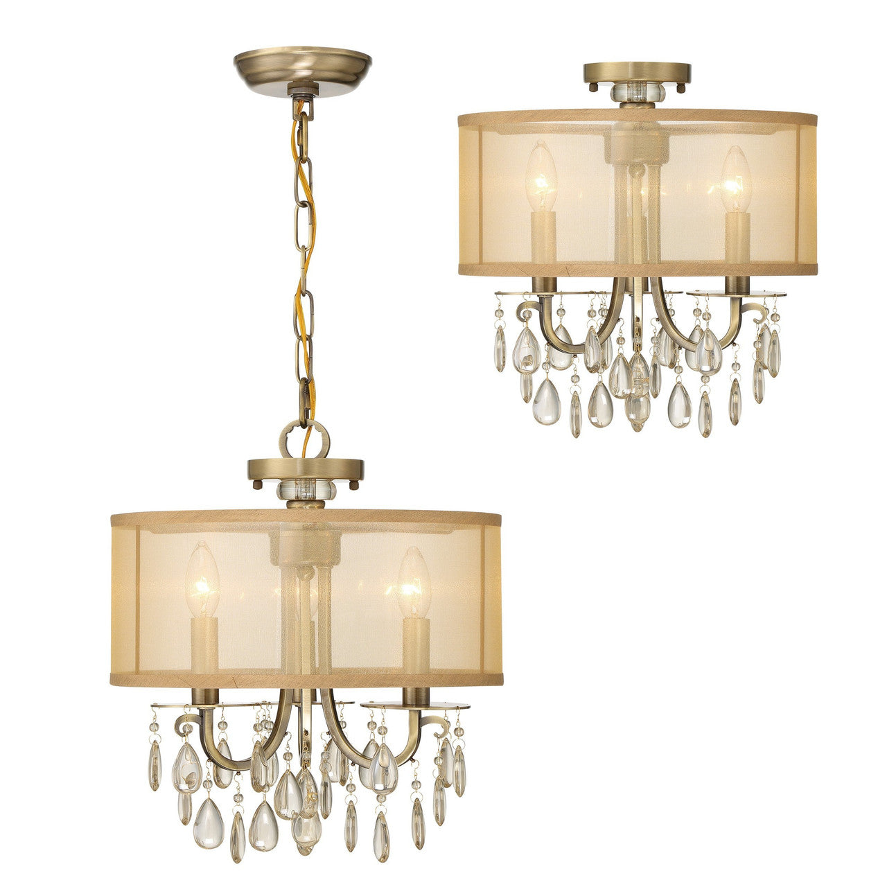 Crystorama Hampton 3 Light Antique Brass Etruscan Crystal Drum Shade Mini Chandelier 5623-AB