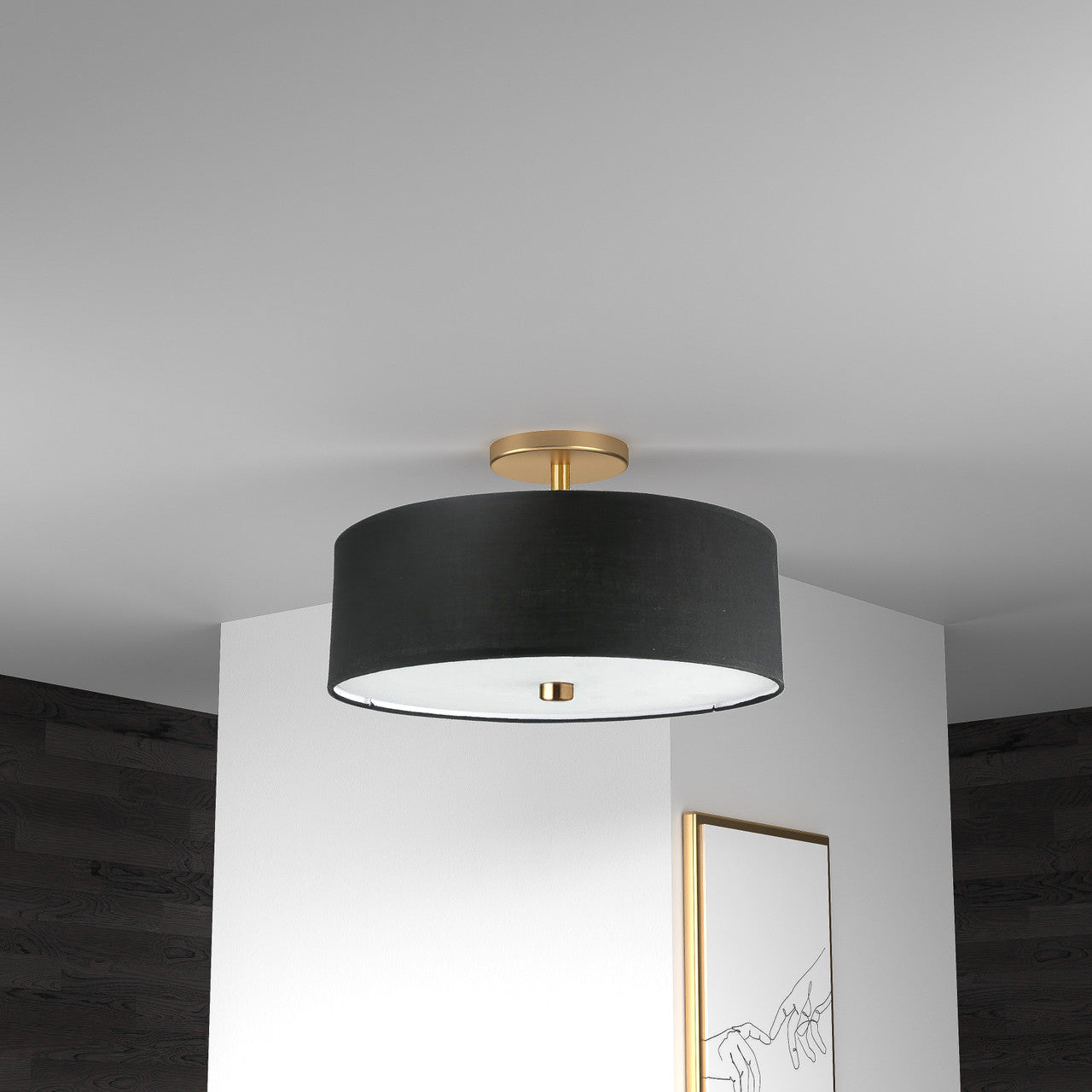 Dainolite 3 Light Incandescent Semi-Flush Mount Aged Brass with Black Shade 571-143SF-AGB-BK