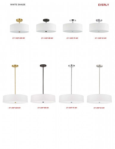 Dainolite 3 Light Incandescent Semi Flush Satin Chrome Finish with White Shade 571-143SF-SC-WH