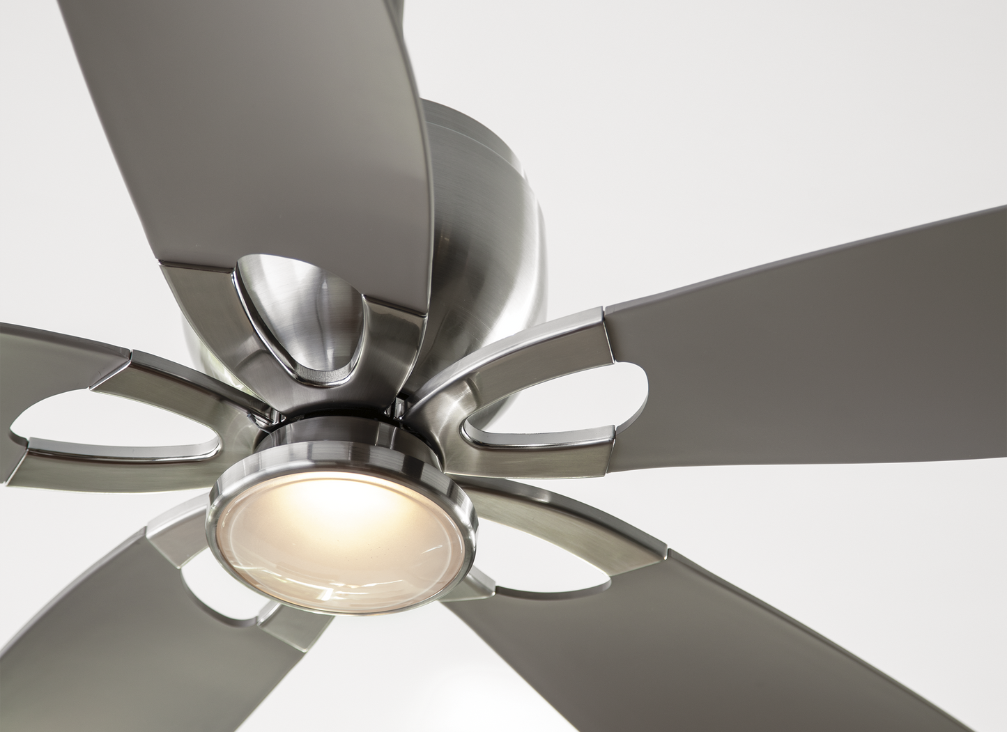 Generation Lighting  Fans Lily 56-inch indoor/outdoor 5-blade ceiling fan in brushed steel finish with energy-efficient reversible DC motor, remote control, and integrated LED light kit included 5LLR56BSD-V1