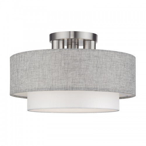 Livex Lighting Brookmeade 3 Light Brushed Nickel Large Semi-Flush with Hand Crafted Urban Gray and White Fabric Hardback Shades 60013-91