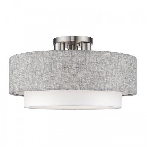 Livex Lighting Brookmeade 3 Light Brushed Nickel Large Semi-Flush with Hand Crafted Urban Gray and White Fabric Hardback Shades 60014-91