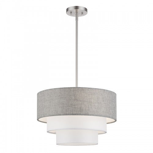 Livex Lighting Brookmeade 3 Light Brushed Nickel Pendant Chandelier with Hand Crafted Urban Gray and White Fabric Hardback Shades 60015-91